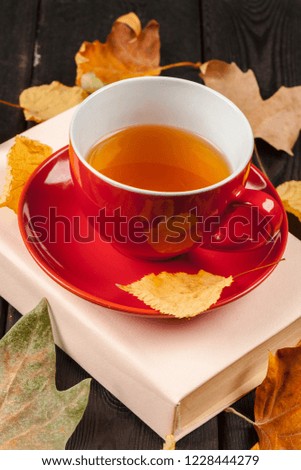 Autumn leaves, book and cup of tea