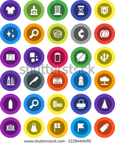 White Solid Icon Set- towel vector, shining, splotch, plates, window, knife, hand mill, school building, flag, sand clock, dollar, cent sign, t shirt, water bottle, hoop, battery, magnifier, loading