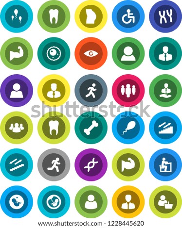 White Solid Icon Set- student vector, manager, man, muscule hand, buttocks, stairways run, bone, client, group, disabled, eye, dna, pregnancy, chromosomes, sperm, ovule, tooth, user, consumer