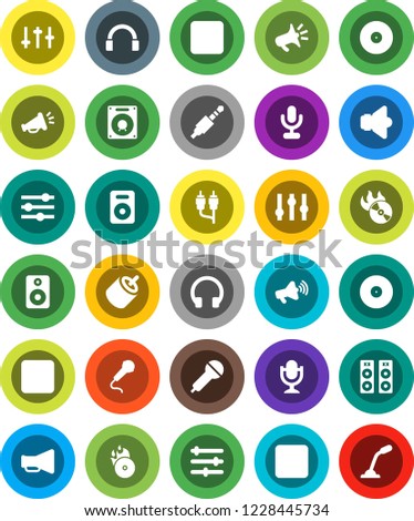 White Solid Icon Set- disk vector, music hit, microphone, speaker, loudspeaker, settings, headphones, pause button, forward, rec, rca, jack, equalizer