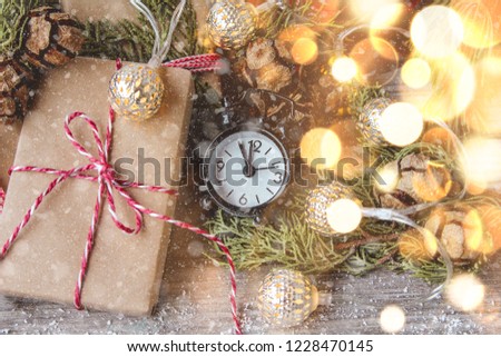 Christmas, alarm clock, snow, garland, postcard, gifts