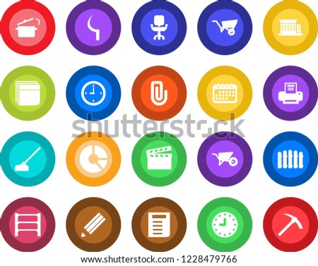 Round color solid flat icon set - document vector, circle chart, fence, wheelbarrow, hoe, sickle, clock, rack, clapboard, paper clip, office chair, blank box, printer, pencil, building, steaming pan