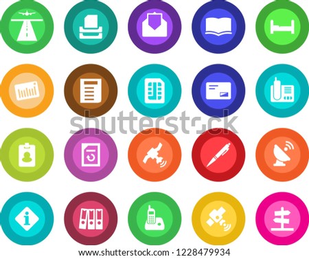 Round color solid flat icon set - runway vector, book, document, reload, barcode, satellite antenna, radio phone, mail, sim, paper binder, tray, pen, bedroom, information, pass card, guidepost