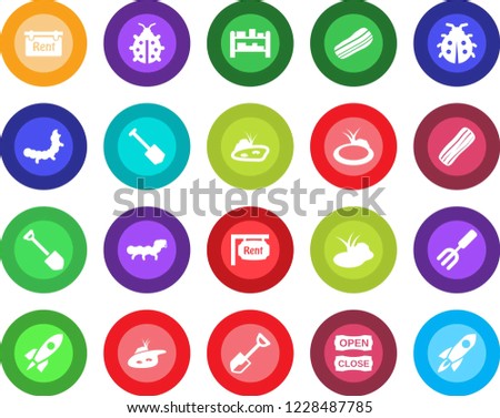 Round color solid flat icon set - job vector, garden fork, shovel, lady bug, caterpillar, pond, rack, rent, bacon, open close, rocket
