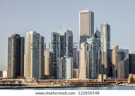 View of commercial building over the lake in Chicago