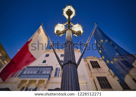 European Union and Malta flags in Malta government Square together. 