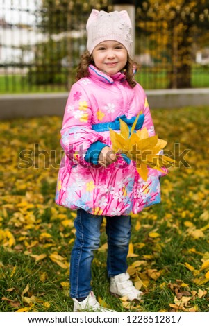 little girl holding autumn leaves. autumn walks. outdoor games. leaf fall. walking on  leaves. autumn leaves in the hands of a little girl. girl collects autumn leaves. girl walking