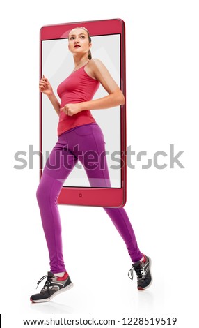 woman jogging on white background, virtual reality of the smartphone. buttons were removed from the smartphone. On the front side, the original elements are transferred or removed.