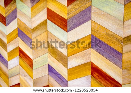 Decorative design ornamental of element wood mosaic tiled with panel colorful texture. Wooden interior design 
multicolored plank background. Exterior decoration DIY vintage wallpaper.
