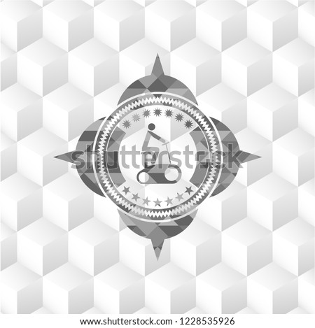 stationary bike icon inside grey badge with geometric cube white background