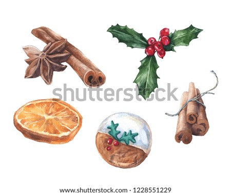 Watercolor Christmas set of hand-drawn elements. Holly with red berries, dry orange, cinnamon, gingerbread, anise. 