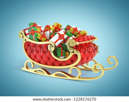 Christmas Santa sleigh full of gift boxes - red and golden sledge with presents