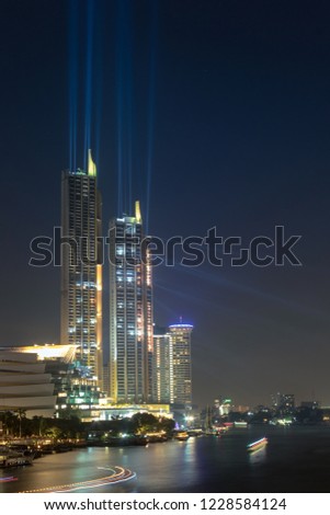 city landscape at night Chao Phraya  in Bangkok Thailand