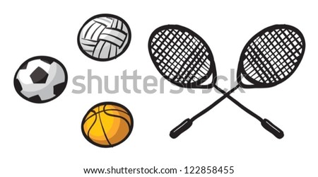 Illustration of various balls and rackets on a white background