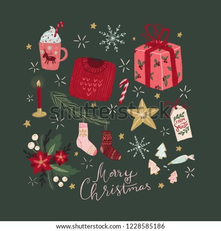 Festive Christmas greeting card illustration, clip art set of Christmas objects, Merry Christmas lettering
