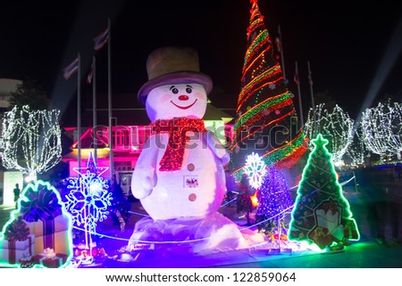 The Christmas tree lights and snowman