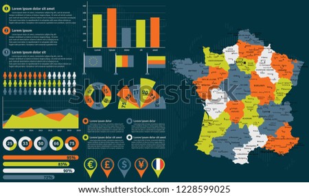 Detailed France map with infographic elements. Vector illustration.