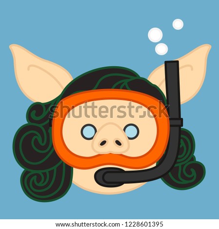 emoji with female pig frogman or pearler swimming under water with bubbles, woman pearl diver or fisher wearing an underwater mask or glasses and an air snorkel tube, simple hand drawn emoticon