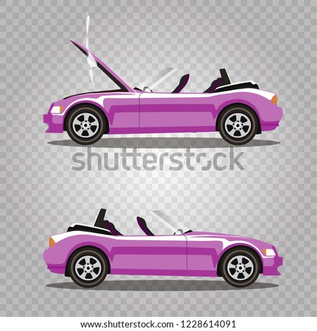 Vector set of broken rose luxury cabriolet sport cartoon car with opened hood covered with smoke. Car crash before and after. Clip art illustration isolated on transparent background.