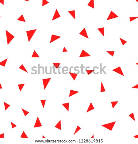 Simple geometric seamless pattern with small red triangle forms. Repeat small glitter figures on white. Vector holiday decor background.