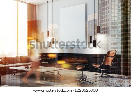 Woman in living room with white walls, wooden floor, black leather sofa standing near coffee table and brown armchair near the fireplace. Vertical poster. Toned image double exposure mock up blurred