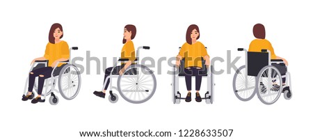 Smiling young woman in wheelchair isolated on white background. Female character undergoing rehabilitation after trauma or disease. Front, side, back views. Vector illustration in flat cartoon style. Royalty-Free Stock Photo #1228633507