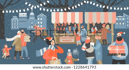 Vector illustration of a Christmas market with people shopping, drinking mulled wine and having a rest with their family. Cartoon style banner.