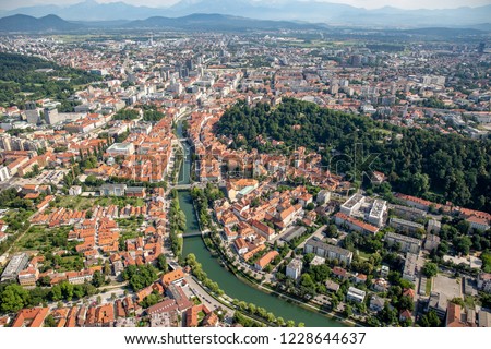 Aerial view of Ljubljana old town and Ljubljanica River, Capital city of Slovenia