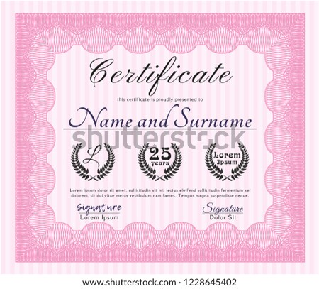 Pink Certificate diploma or award template. Beauty design. With guilloche pattern and background. Detailed. 
