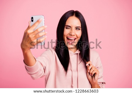 Good-dressed pretty charming dreamy lovely nice lady with her brunet hair she wear in urban casual outfit isolated on bright pink background take picture on cellular wide open mouth