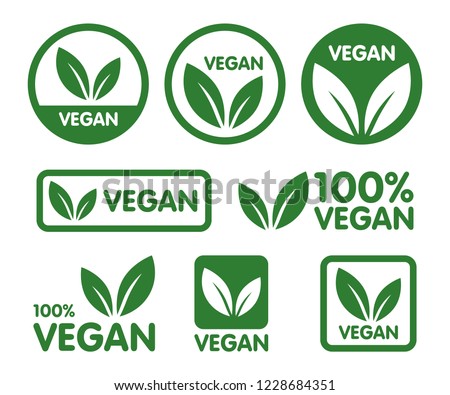 Vegan icon set. Bio, Ecology, Organic logos and badges, label, tag. Green leaf on white background. Vector illustration Royalty-Free Stock Photo #1228684351