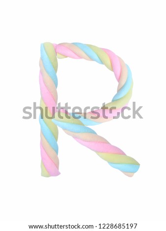 Marshmallows alphabet " R " isolated on white background.