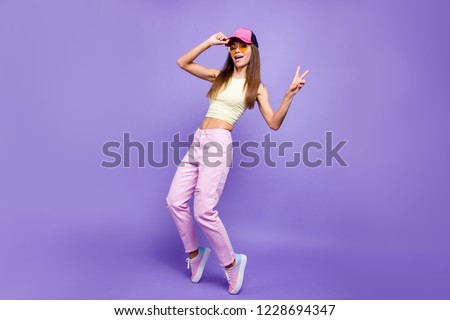 Full length body size of nice cute sweet dreamy charming attractive cheerful positive straight-haired girl in eyewear eyeglasses showing v-sign isolated over violet purple background