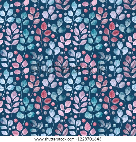Seamless pattern with watercolor green, blue and pink leaves, berries and branches on blue background, hand drawn image. The background is perfect for fabric, paper, etc.