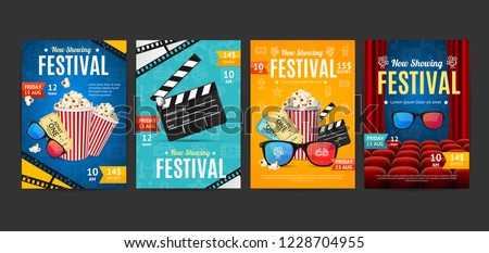 Cinema Placard Set with Realistic 3d Detailed Element Include of Popcorn, Ticket and Clapper. Vector illustration of Video Movie Card Royalty-Free Stock Photo #1228704955