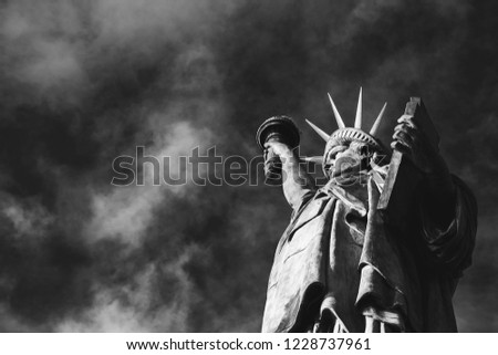 Statue of Liberty at Isle of the Swans in Paris (France) against sky with clouds at background. Closeup. Bottom view. Black and white photo.