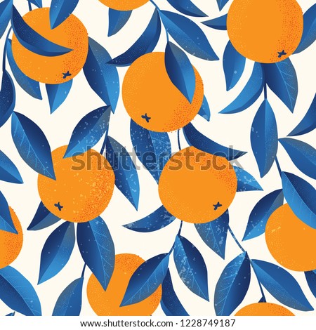 Tropical seamless pattern with oranges. Fruit repeated background. Vector bright print for fabric or wallpaper. Royalty-Free Stock Photo #1228749187