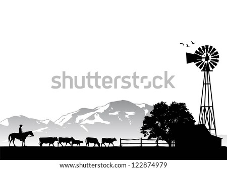Silhouette of a man riding horse in cow farm, vector Royalty-Free Stock Photo #122874979