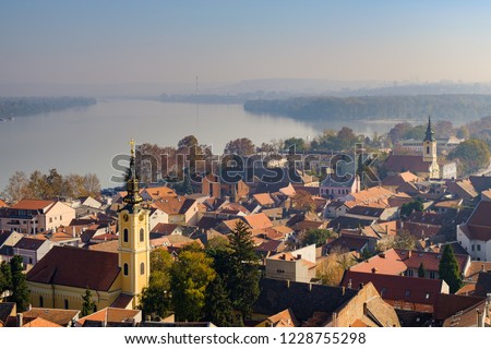 Cityscape of Zemun municipality of Belgrade, capital of Serbia, with Danube river in the background