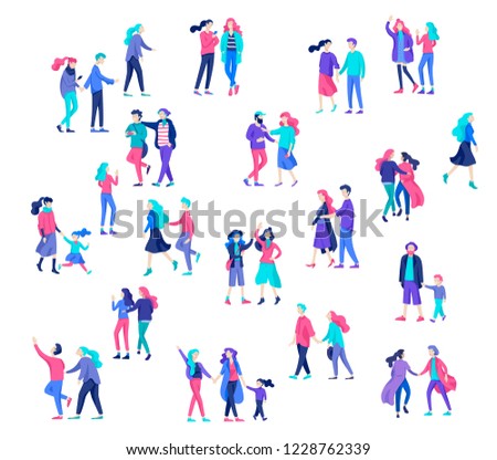 Vector people character walking on the street in autumn or winter clothes, friends and couples. Colorful Group of male and female flat cartoon characters