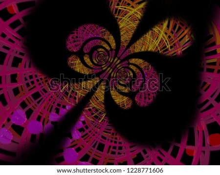 A hand drawing pattern made of orange and fuchsia on a black background.