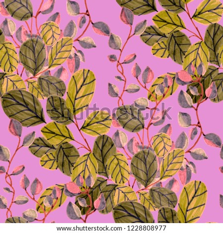 Creative seamless pattern with tropical leaves. Trendy hand draw texture.
