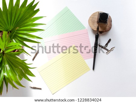 Black ink, ink bottle and green plant, blank colors sheet mockup and ink pen on a white background; top view, flat lay; overhead view