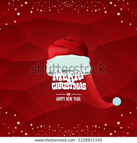vector red Santa hat label isolated on red background with greeting text Merry Christmas and golden stars and lights. Cartoon merry christmas card, banner or xmas background. vector illustration