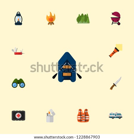 Set of encampment icons flat style symbols with medicine chest, forest, rubber boat and other icons for your web mobile app logo design.