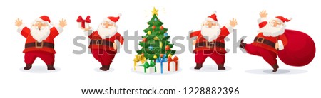 Cartoon vector illustrations of Santa Claus and decorated Christmas tree with presents. Winter holidays design elements isolated on white. Funny and cute retro character. For new year cards, banners Royalty-Free Stock Photo #1228882396