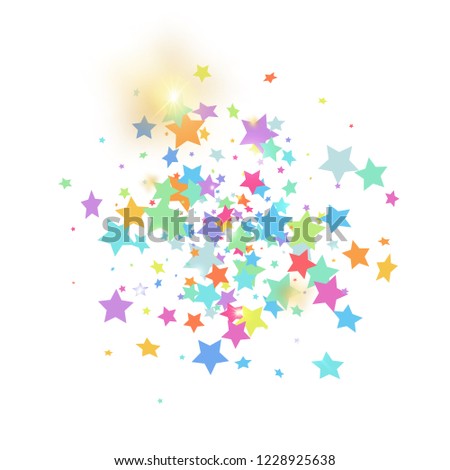 Green, red, yellow,pink star confetti on white background.  Minimalistic fallen particle. Holiday vector colorful confetti. Birthday party backdrop. Christmas card template