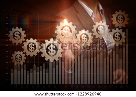 A businesswoman is maintaining with the growth graph consisting of a diagram and cogwheel mechanism with currency unit inside. The concept is the profitable investments.