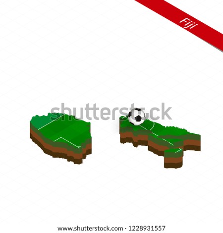 Isometric map of Fiji with soccer field. Football ball in center of football pitch. Vector soccer illustration.