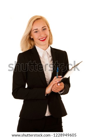 Attractive business woman holding a blank banner for additional text or graphic isolated over white